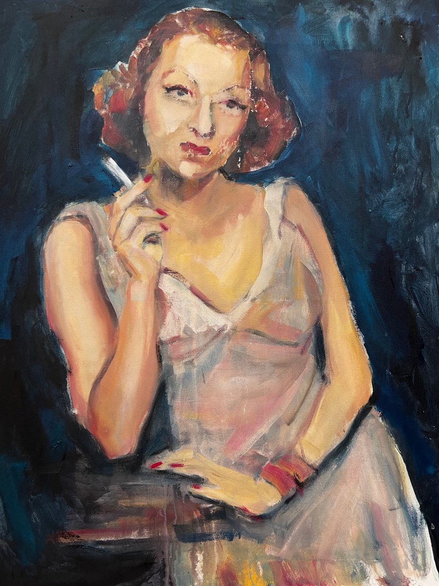Expressive Portrait Acrylic Painting By Liubou Sas, 24 X 31", Woman With Cigarette, Original Artwork