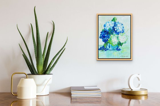 White and Blue Hydrangea Small Painting on Canvas. Modern Impressionism Contemporary Art