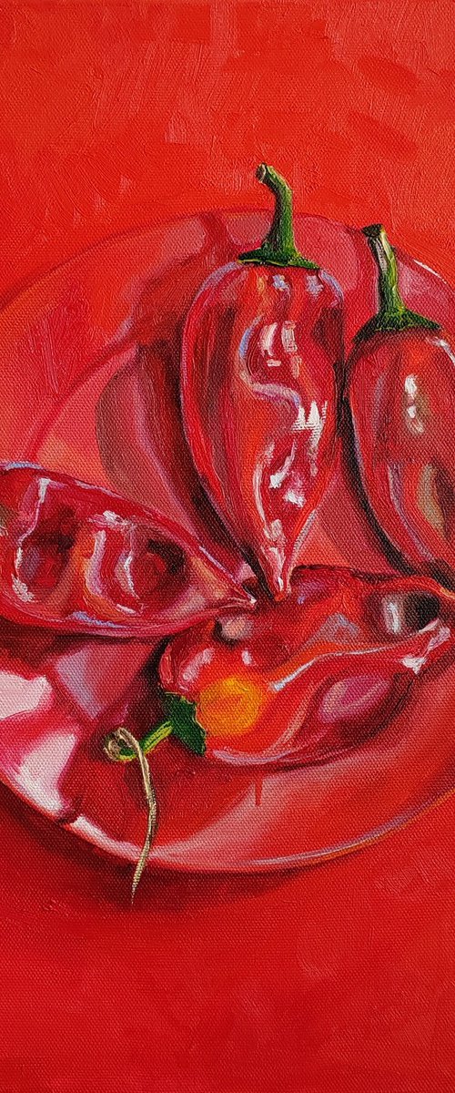 Fiery Red Still Life with Paprika on a Plate by Leyla Demir