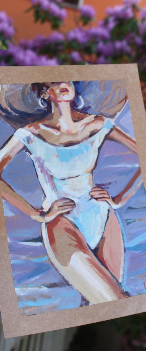 Girl on the beach in a retro swimsuit by Iryna Tymkul