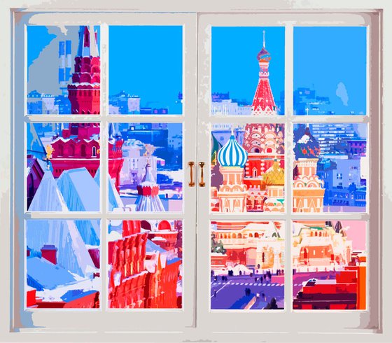 Window on Red Square Moscow Kremlin Russia, red colorful impressionistic landscape art. Large wall art home decor. Art Gift