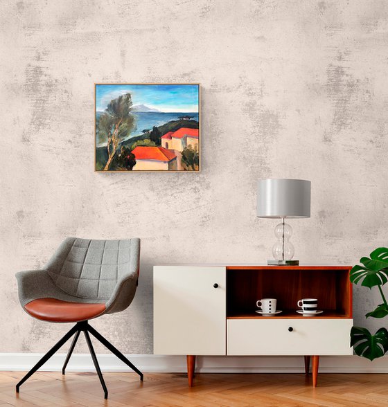 ITALY. THE SEA AND THE RED ROOFS - impressive landscape oil painting with green trees and Italian houses housewarming gift idea home decor
