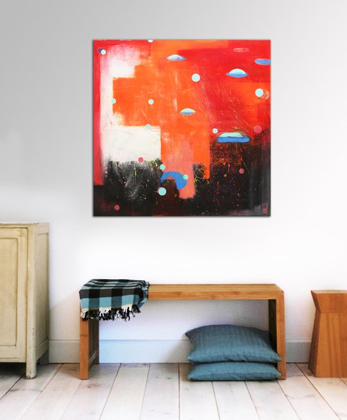 Neon - Abstract Painting - Floating City - Square Canvas - 90x90cm - Ronald Hunter 01F by Ronald Hunter
