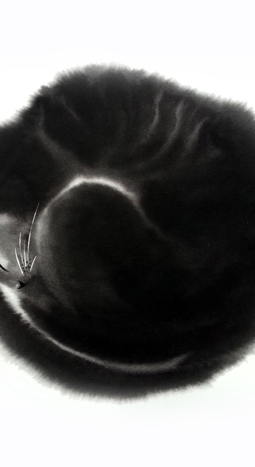 Black cat curled up in a ball by Olga Beliaeva Watercolour