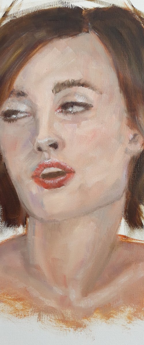 The flirt. Woman oil portrait. Etude style. 38 x 27 cm/ 15 x 10.6 in by Tatiana Myreeva