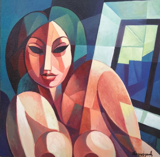 Waiting (50x50cm, cubism, oil painting, ready to hang)