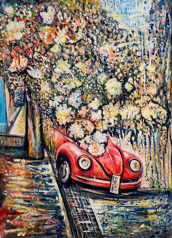 Vintage Car and Blooming Tree