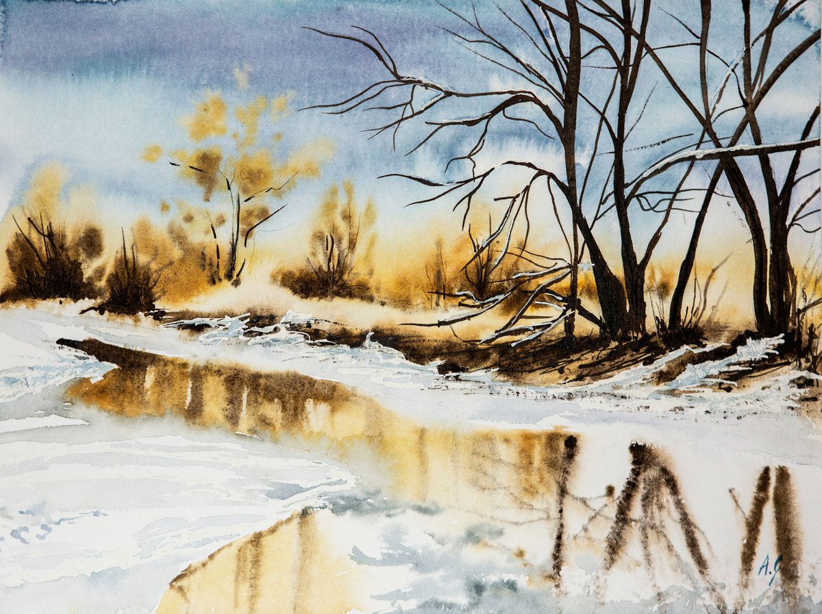 Impressionistic Landscape Watercolour By Aneta Gajos, 16 X 12, Winter River, Original Artwork
