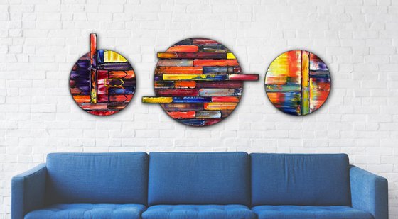 "Can We Tag Along?" - Save As A Series - Original PMS Sculptural Oil Painting Assemblage Triptych On Circular Wooden Panels - 68 x 25 inches