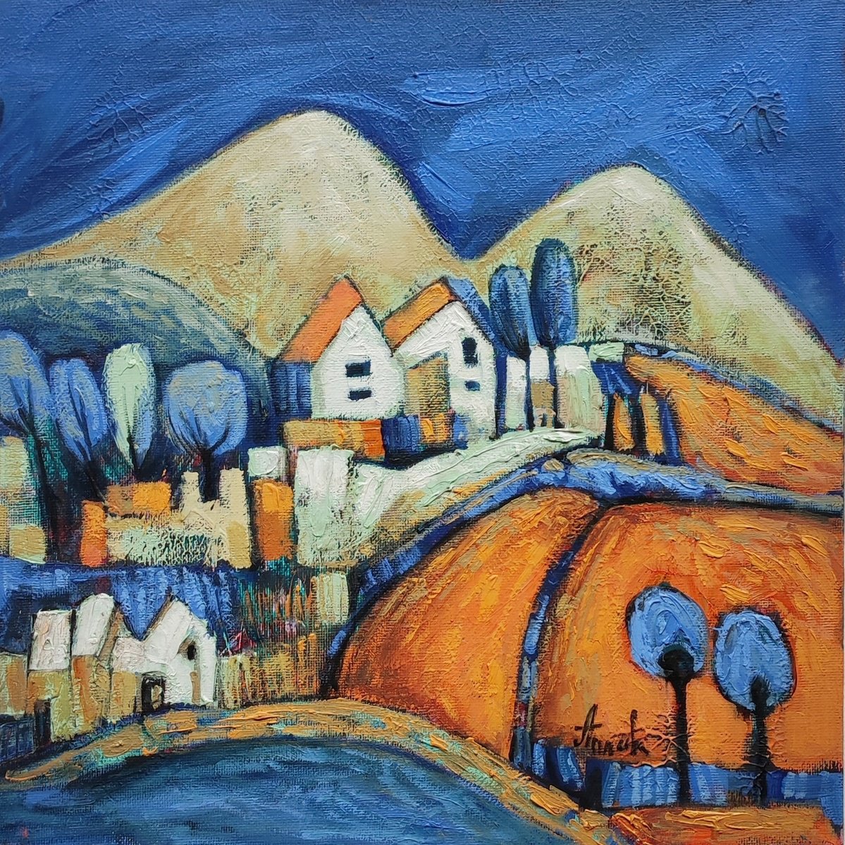 Happy Corner Landscape By Anna Soghomonyan, 14 X 14, Artwork For Sale On Artfinder