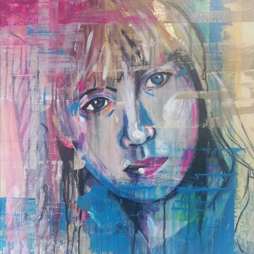 Colourful Portrait, modern art, gestural brush strokes, "Fault Lines" Brightly coloured by Dianne Bowell
