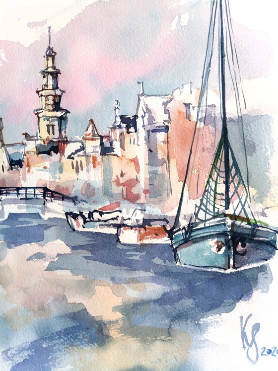 Winter city landscape "Embankment of sleeping ships" original watercolor painting