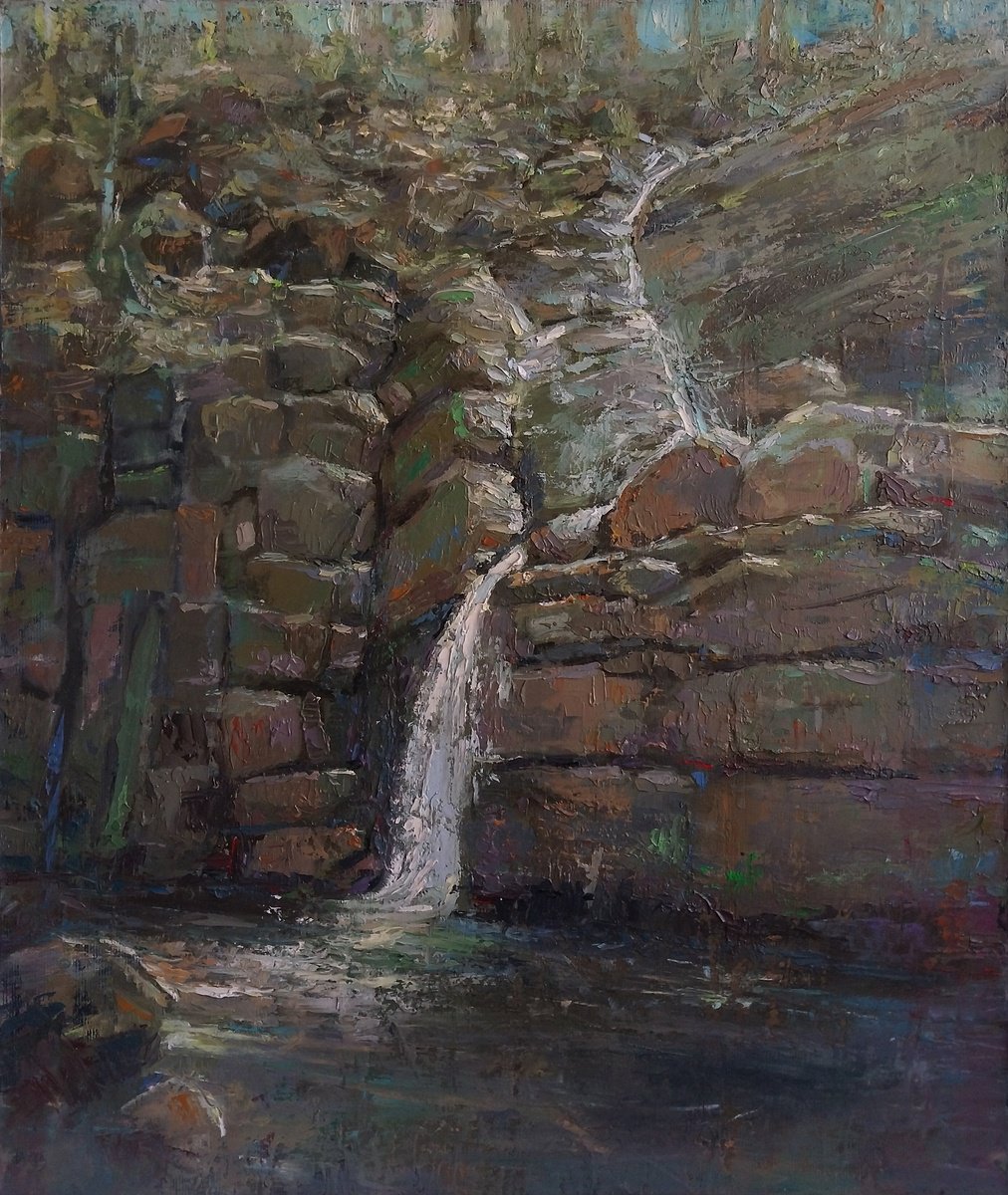 Impressionistic Landscape Oil Painting By Kamsar Ohanyan, 16 X 19", Hidden Cascade, Original Artwork