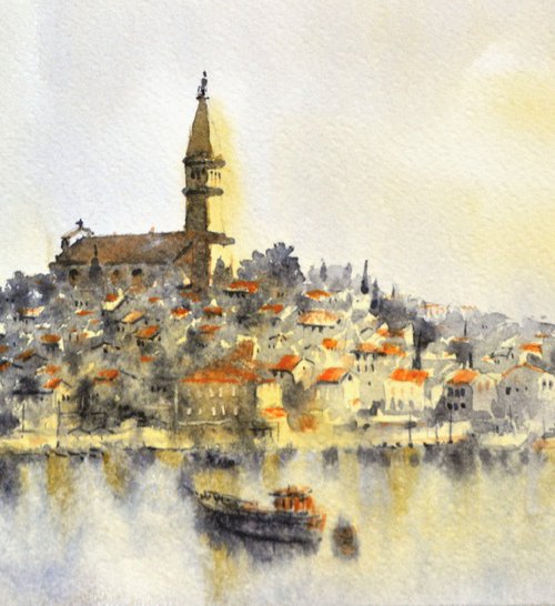 Early morning Rovigno Old town Croatia 17x36 cm 2023 by Nenad Kojić watercolorist