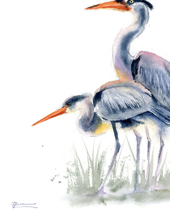 Two Herons  -  Original Watercolor Painting