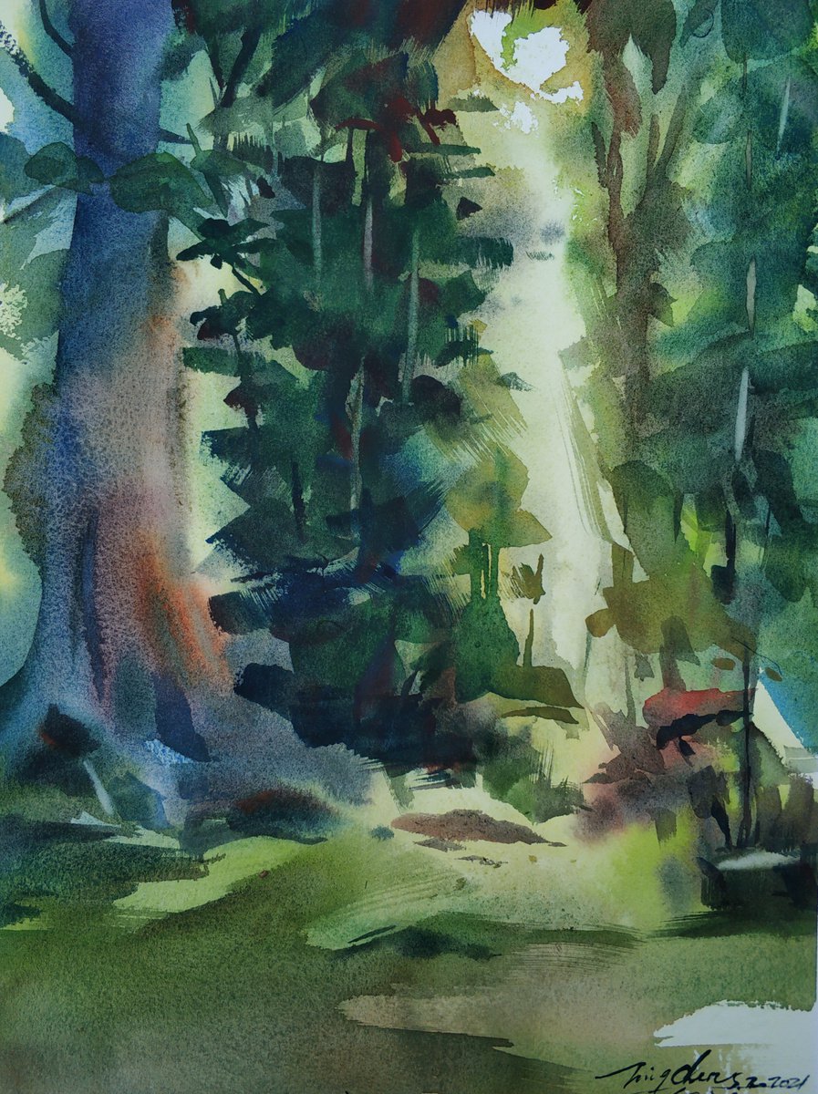 Impressionistic Landscape Watercolour By Jing Chen, 11 X 15, In The Woods 2, Original Artwork