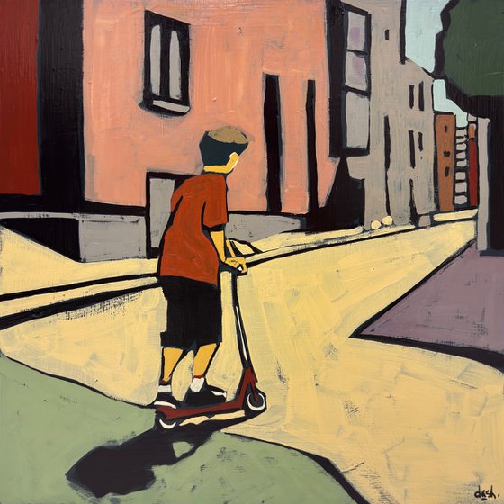 Boy on a Scooter — 16x16 in Original Painting