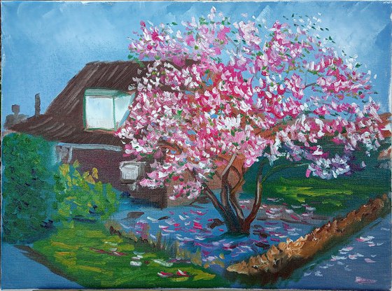 Blooming magnolia in Dalen. Plein Air