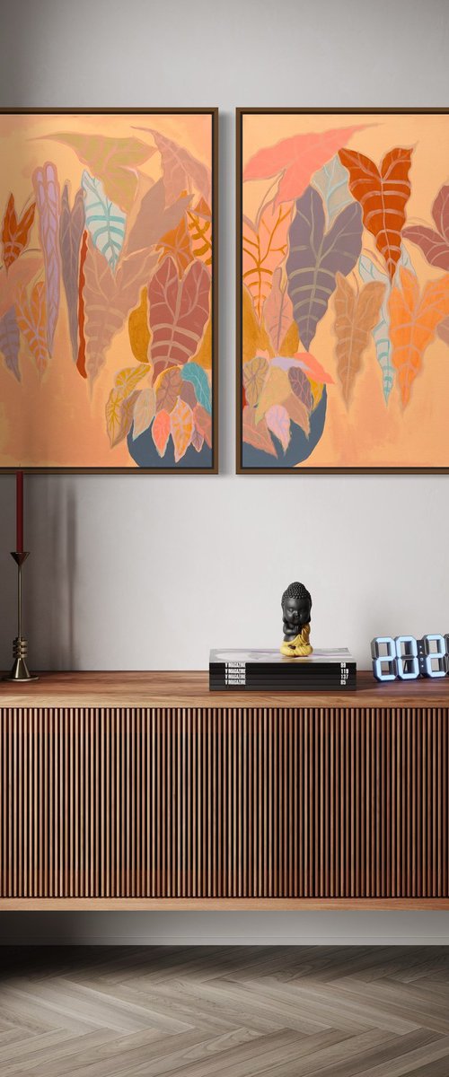 ‘Burnt Coral Alocasia and Begonia’ diptych by Kathryn Sillince