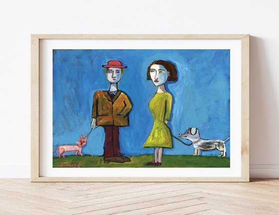 A couple walking their cat & dog - Whimsical Figurative Quirky Art Met in the Park