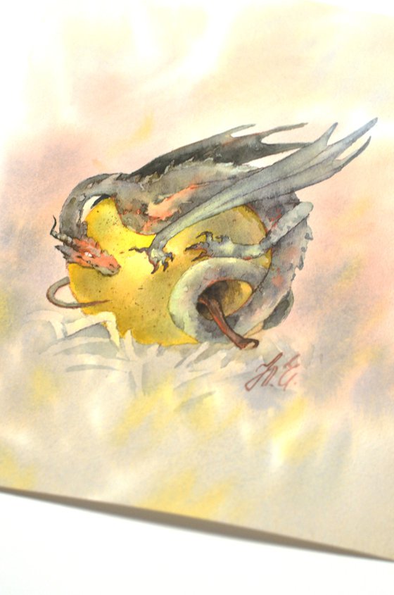 Dragon on apple in Watercolor, Fantasy by Yulia Evsyukova