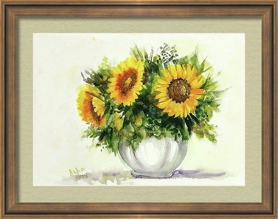 Van Gogh Vase of Sunflowers Watercolor Floral painting- 10.25"x 14.40"