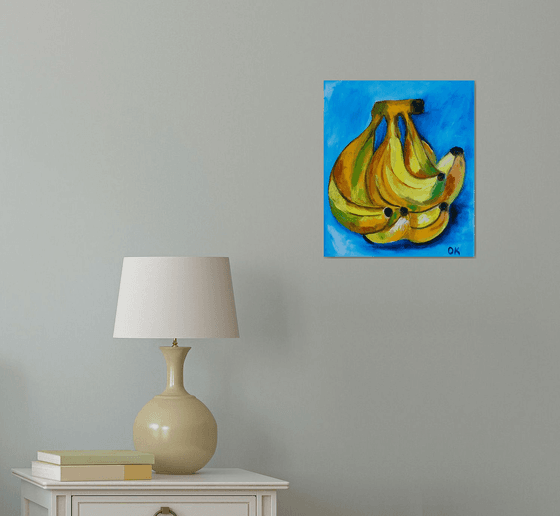 Bananas on  turquoise  Still life. Palette knife painting on linen canvas