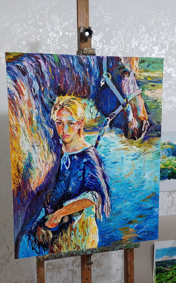Girl with horse (80x100cm, oil painting, modern art )