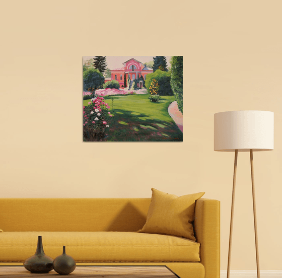 Impressionist landscape with a Manor and a Garden full of roses