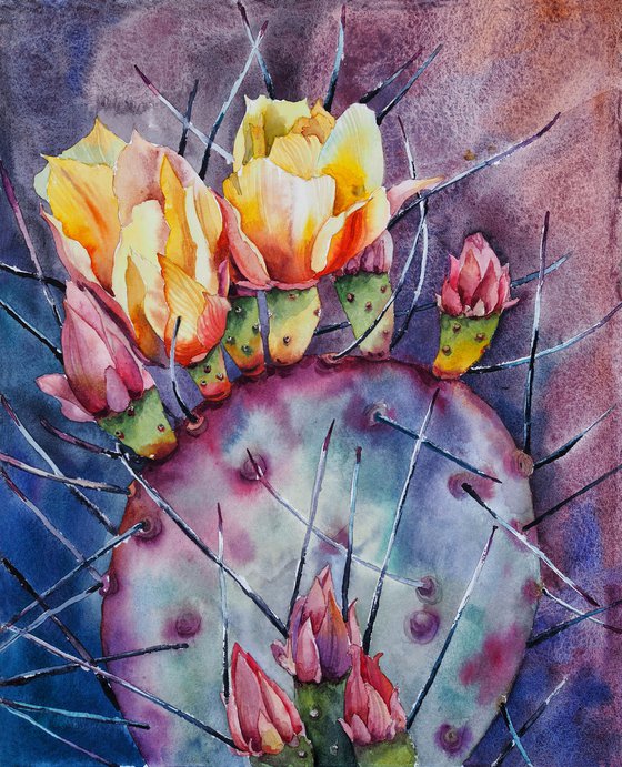 Diptych "Cacti twist" - original watercolor painting, green and purple succulents, cactus flower