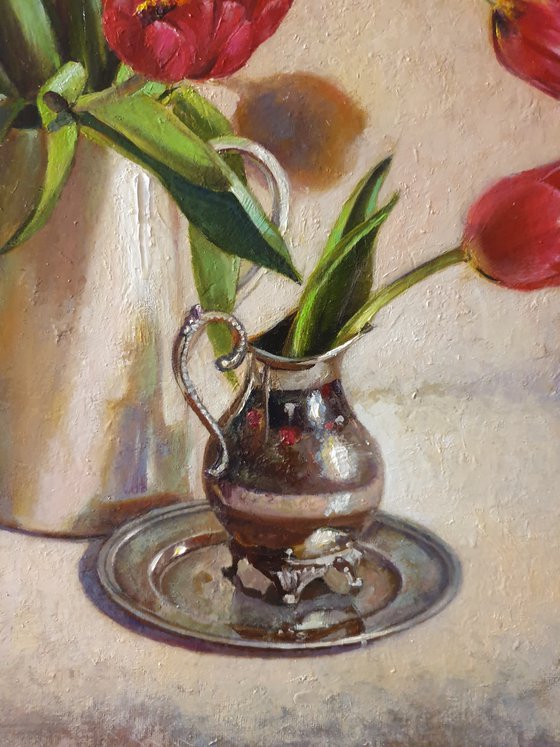 "Spring tulips" still life  metal silver tulip liGHt original painting  GIFT (2019)