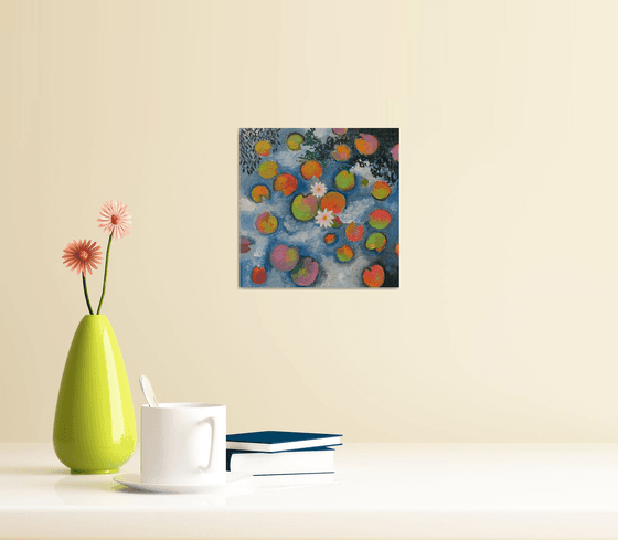 Sky reflections in waterlilies pond! Small Painting!!  Ready to hang