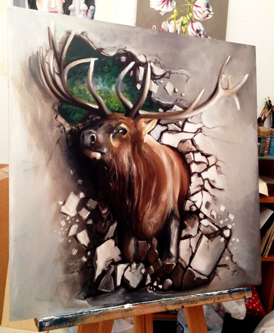 Majestic Elk- Original oil on wood painting - 50 x 50 cm - (20' x 20')