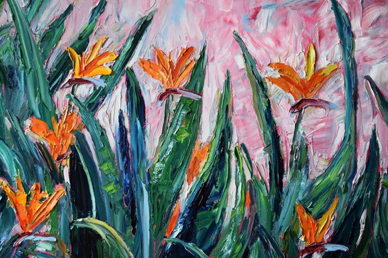 Big original oil painting Flowers Bird of paradise