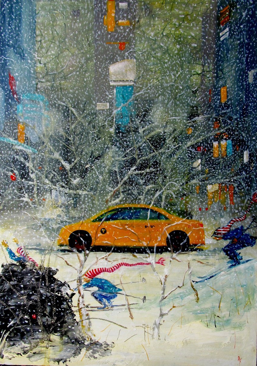 Urban And Pop Cityscapes Oil Painting By Serhiy Roy, 17 X 23", It Is Snowing In New York, Original Artwork