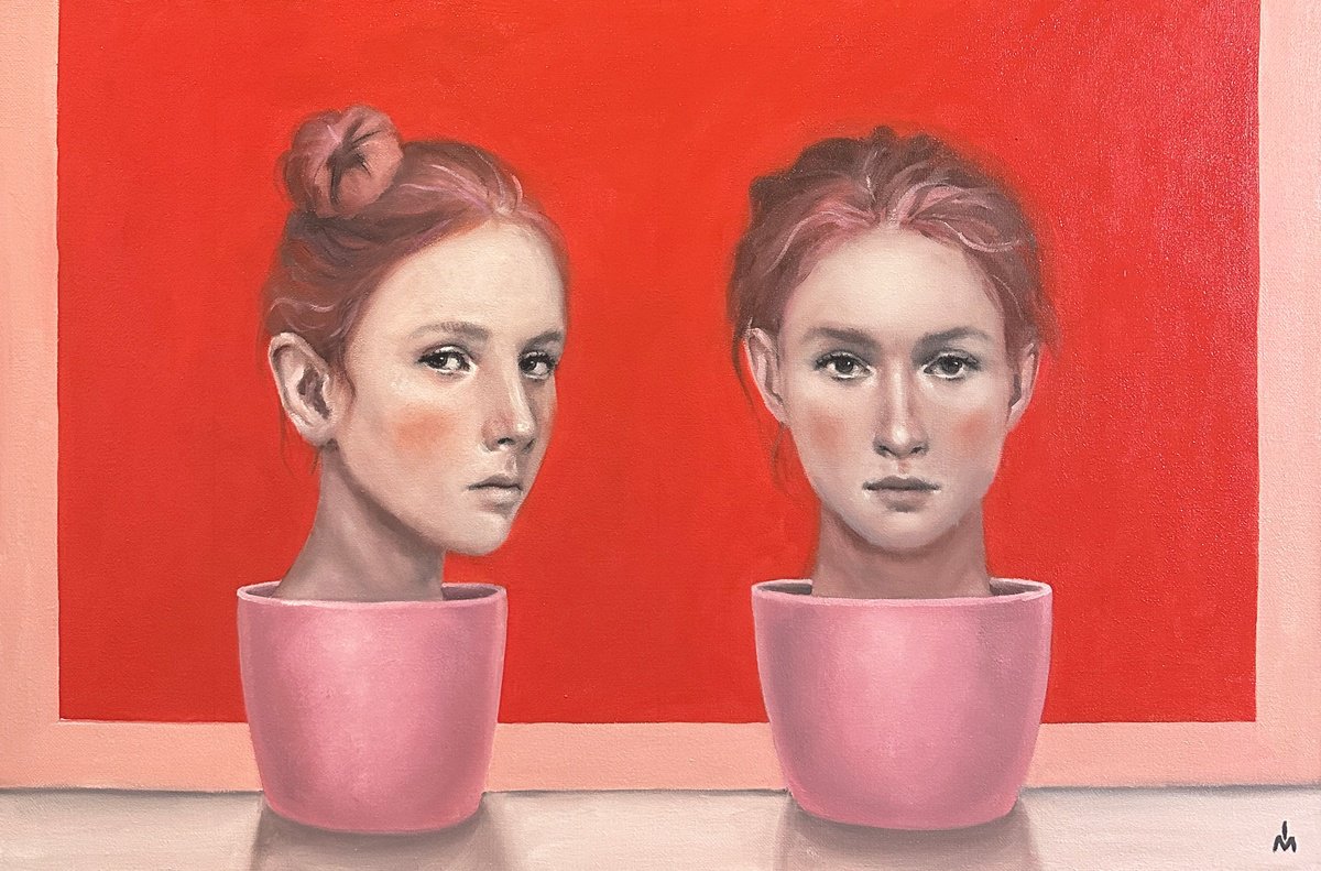 Surrealistic Portrait Oil Painting By Margarita Ivanova, 24 X 16", Mars Flowers, Original Artwork