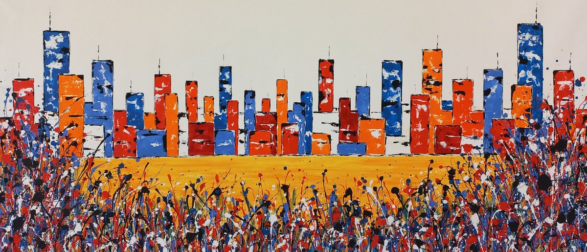 Abstract Acrylic Painting By Max Yaskin, 84 X 39", City Flowers By M.y., Original Artwork