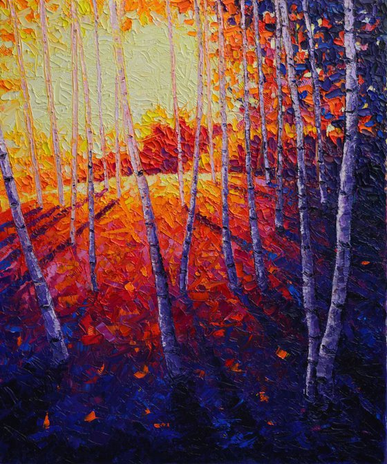 ASPEN FOREST GLADE AT SUNRISE birches trees palette knife landscape modern impressionist oil painting