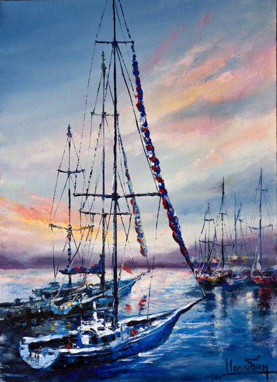 "Sailboats in the harbor" ,  ships , sky