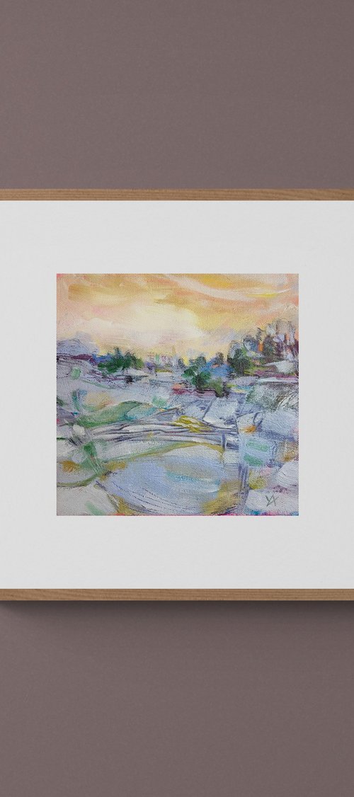 BEGINNINGS- small square landscape painting, winter, blue, yellow, pastel, nature, countryside by Yulia Ani
