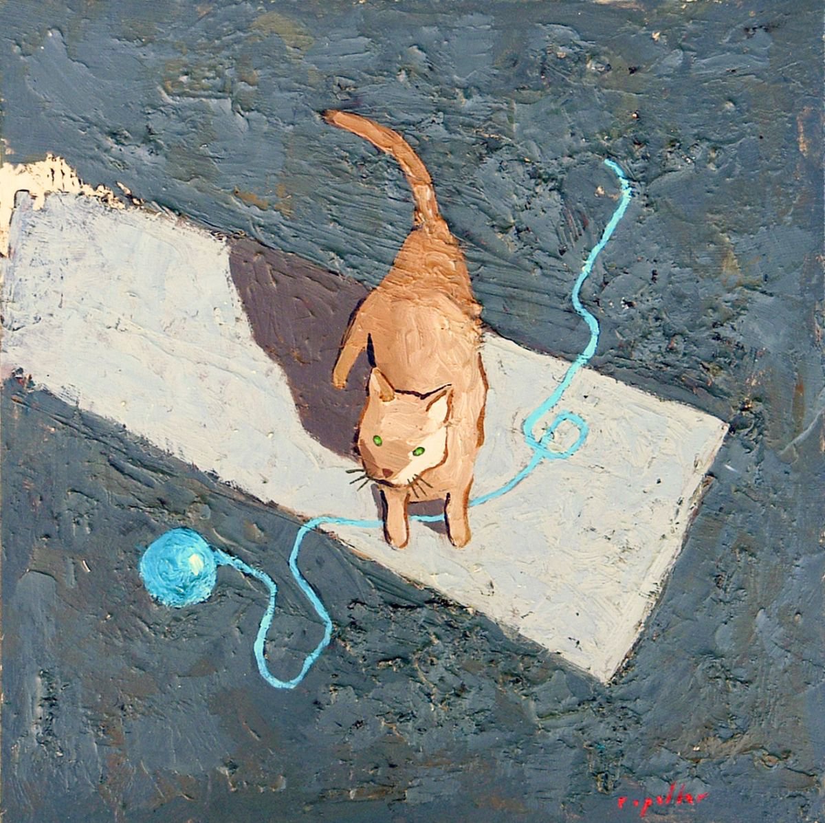 Naive Animal Oil Painting By Rick Paller, 12 X 12", Cat With A Ball Of Yarn, Original Artwork