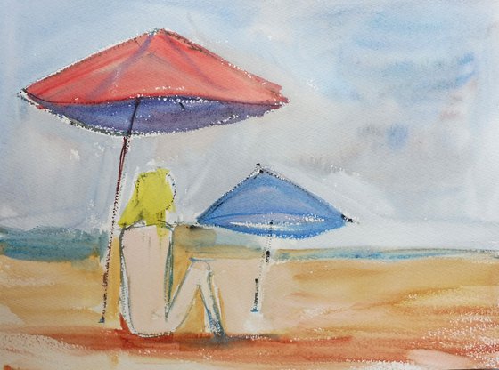 NUDE BLONDE GIRL BEACH. Original Female Figurative Watercolour Painting.