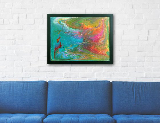 "Waterworld, Coming Soon" - FREE USA SHIPPING - Original Abstract PMS Fluid Acrylic Painting, Framed - 26 x 20 inches