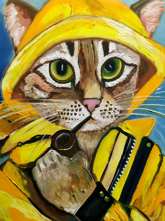 Troy The  Cat, fisherman  oil painting for cat lovers