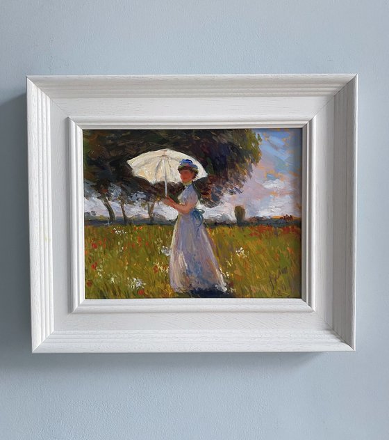 Woman with a Parasol; Framed & ready to hang home decor gift oil painting.