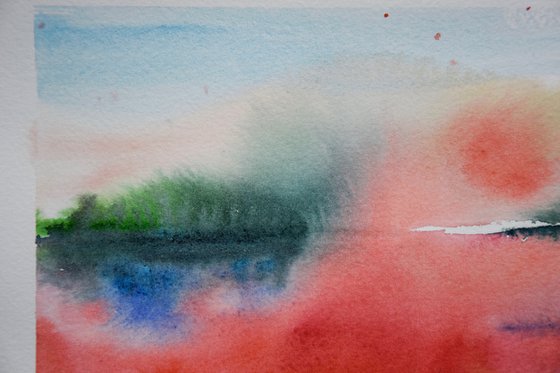 Abstract landscape painting, original watercolor painting, abstract red wall art