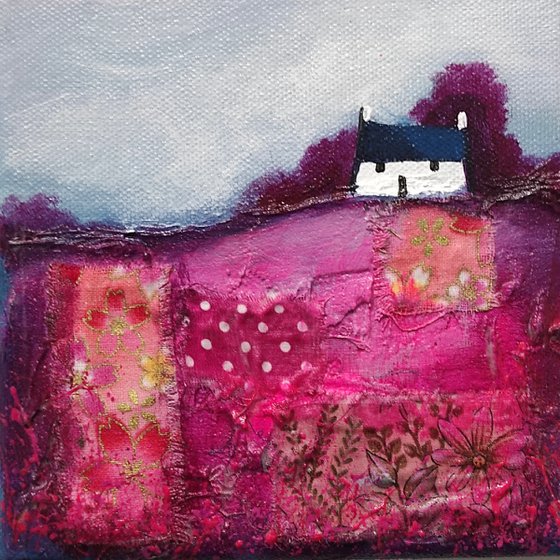 Little cottage on pink patchwork Field Textured Landscape