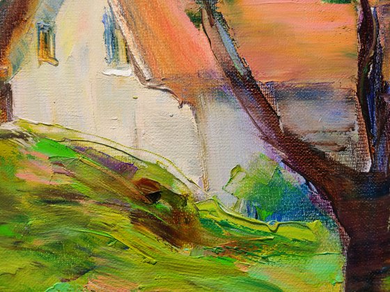 House in the apple garden  Mountains  Original oil painting