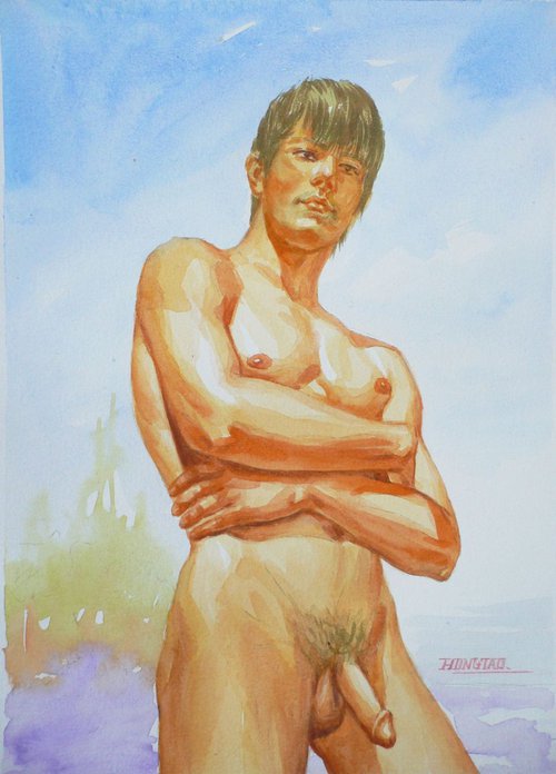WATERCOLOR PAINTING ART MALE NUDE#12-21-010 by Hongtao Huang