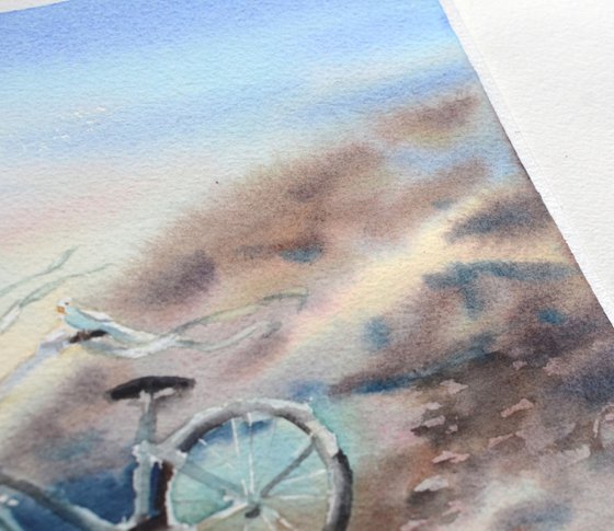 Bicycle by the sea, Watercolor painting